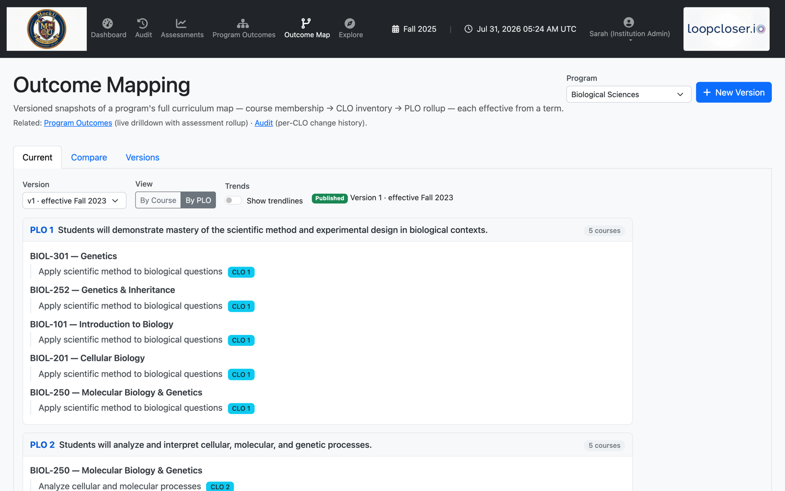 Outcome Mapping — versioned curriculum map linking courses to program outcomes
